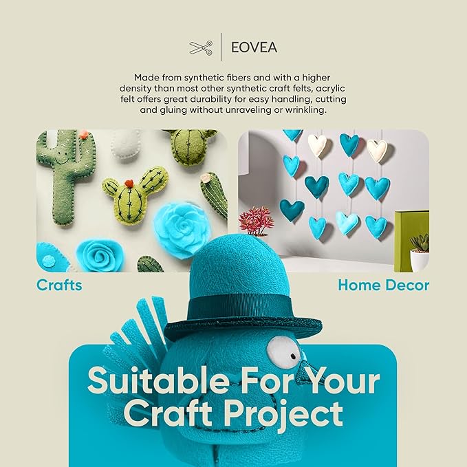 EOVEA | Acrylic Felt Fabric by The Yard - Non-Stiff, Soft Material - 72" Wide - 1.6mm Thick Felt Sheets for DIY Crafts, Sewing, Upholstery, Cushion, Padding(Turquoise, Half Yard)