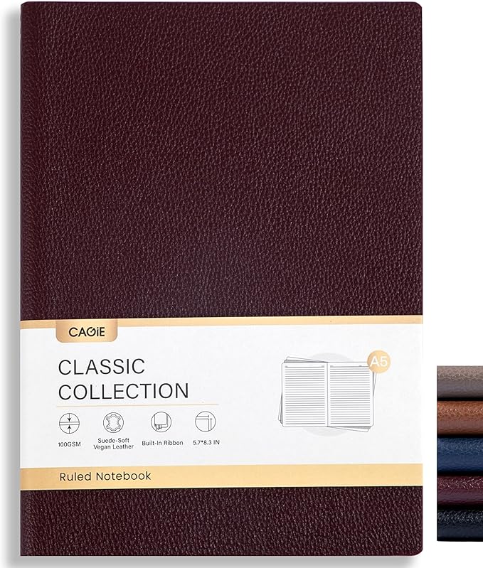 CAGIE Lined Journal Notebook for Men & Women,176 Pages A5 Medium Size Softcover Leather Journals for Writing,Travel,Business,Work & School, 100 GSM Thick Paper (5.7'' x 8.3'') (Burgundy)
