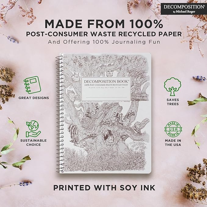 Decomposition Screech Owls College Ruled Spiral Notebook - 9.75 x 7.5 Journal with 160 Lined Pages - 100% Recycled Paper - Cute Notebooks for School Supplies, Home & Office - Made in USA