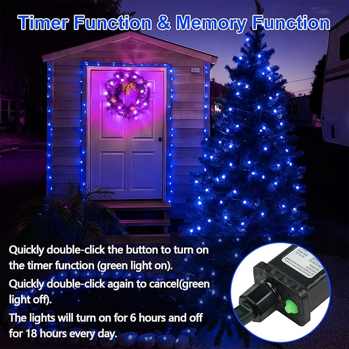 2-Pack 200 LED Extendable Christmas Lights, 66FT Blue Christmas Decorations String Lights Outdoor Indoor Tree Lights, 13 Modes Plug in Mini Fairy Lights Waterproof with Timer and Memory Function