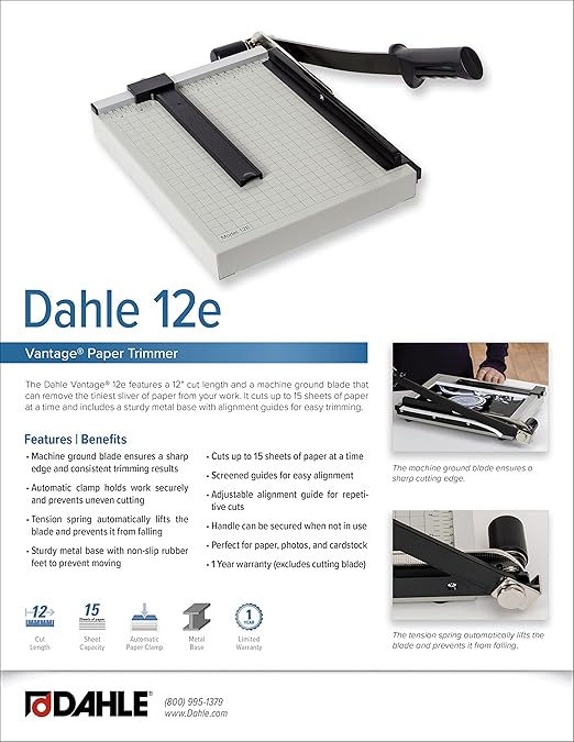 Dahle 12e Vantage Paper Trimmer, 12" Cut Length, 15 Sheet, Automatic Clamp, Adjustable Guide, Metal Base with 1/2" Gridlines, Guillotine Paper Cutter