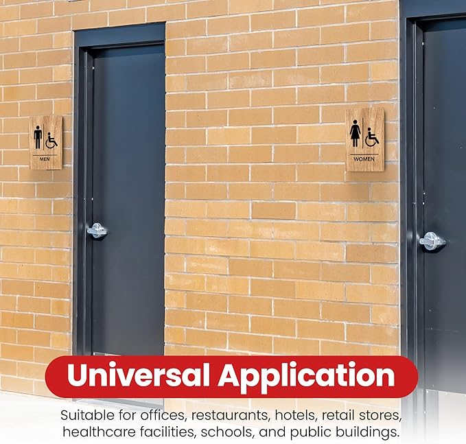 Promot Men and Women Handicap Restroom Sign – ADA Braille Bathroom Sign for Business, Self-Adhesive, 9" x 6", Commercial Door Signage, Office Wall Decor - Oak