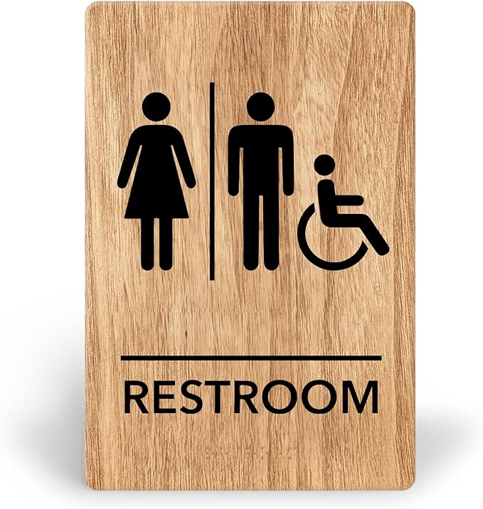 Promot Unisex Handicap Bathroom Sign – ADA Braille Restroom Sign for Business, Self-Adhesive, 9" x 6", Commercial Door Signage, Office Wall Decor - Oak