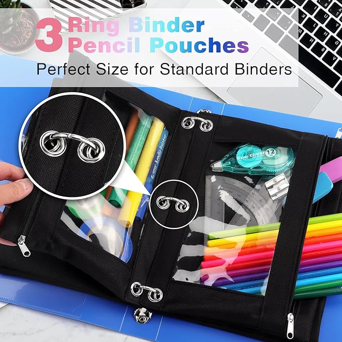 Tamaki 3 Ring Binder Pencil Pouch, Clear Window Pencil Case, Black, 3 Pack