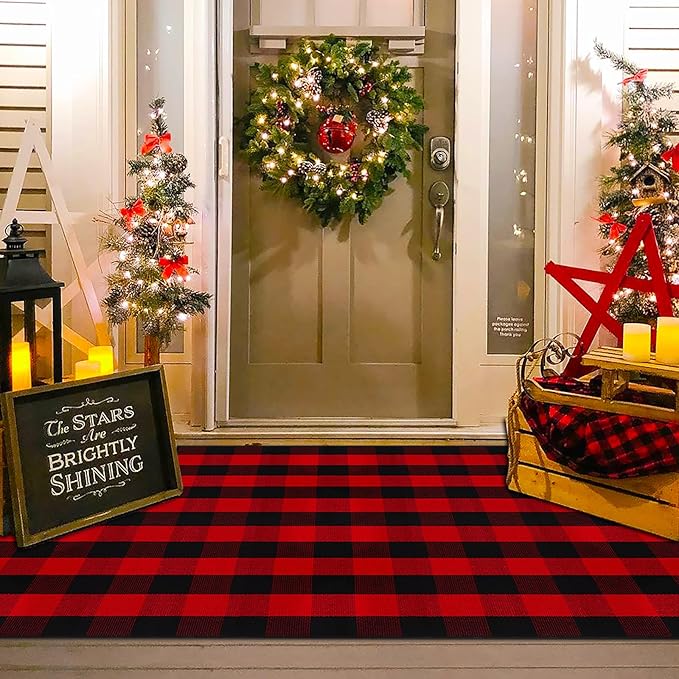 Christmas Red and Black Plaid Rug, 4' x 6' Cotton Hand-Woven Layered Door Mat for Front Porch, Entryway, Outdoor Holiday Decor, Washable Buffalo Check Rug for Home, Patio, Kitchen