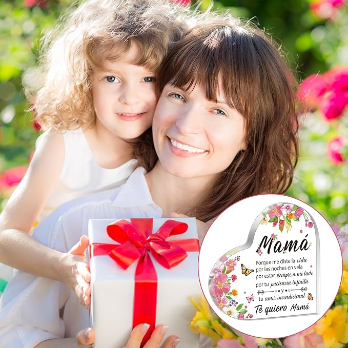 Yopyame Gifts for Mom Birthday - Regalos para Mamá Acrylic Gifts Spanish Mom Acrylic Heart Keepsake Paperweight from Daughter Son Mother's Day Birthday Christmas Valentines Acrylic Sign Plaque for Mom