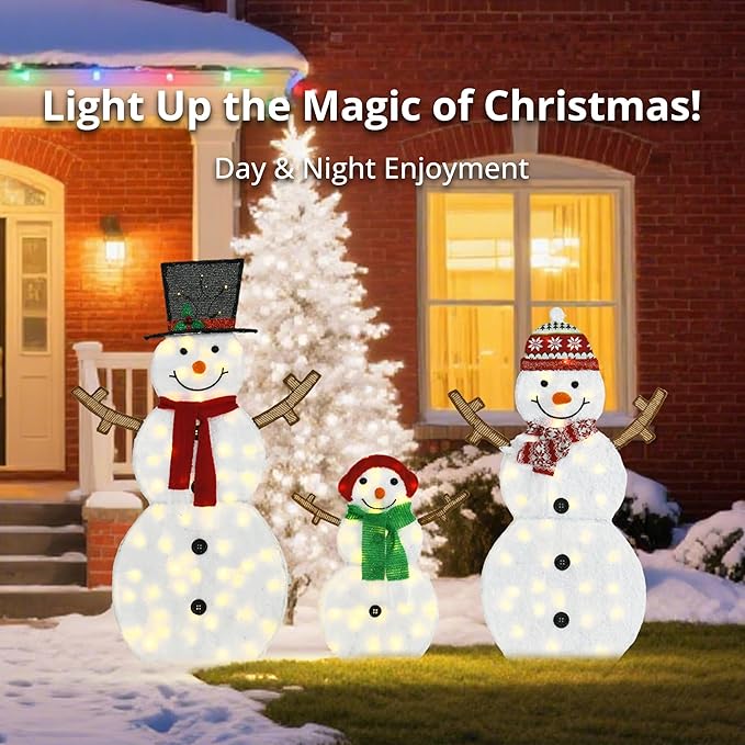 Lighted Snowman Family Outdoor Christmas Decoration, 48"| 42"| 24" H Pre-lit Snowman Lights Ornament, 2D Indoor Holiday Decor, 130 Warm White LEDs, for Yard, Lawn, Garden, Set of 3
