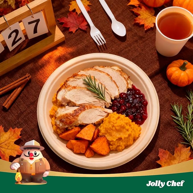 JOLLY CHEF Compostable Heavy Duty Plates 𝟭𝟬 𝗜𝗻𝗰𝗵 [𝟱𝟬𝟬 𝗣𝗮𝗰𝗸] Eco-Friendly Disposable Paper Plates Made of Bagasse Biodegradable Bulk for Party Dinner Sugarcane Thanksgiving Day (Natural)