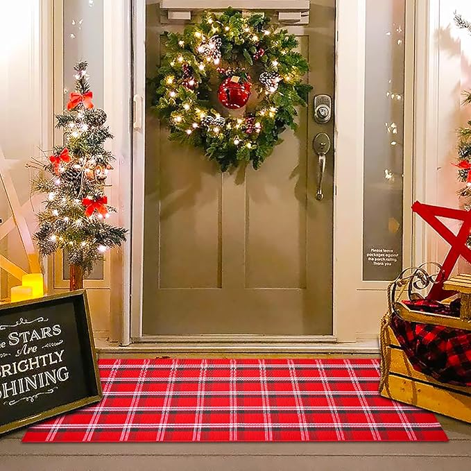 Christmas Red Green White Plaid Rug, 24"x 51" Cotton Hand-Woven Buffalo Check Layered Door Mat for Front Porch, Entryway, Outdoor Holiday Decor, Washable Farmhouse Rug for Home, Patio, Kitchen