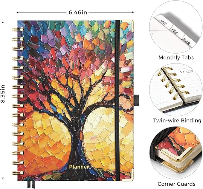 AHGXG 2026 Planner, Weekly and Monthly Planner for Women, Jan 2026 - Dec 2026, Medium Size (5.7" x 8.3"), Calendar 2026, Hardcover with Monthly Tabs, Spiral-Bound, 100 GSM Thick Paper, Colourful Tree