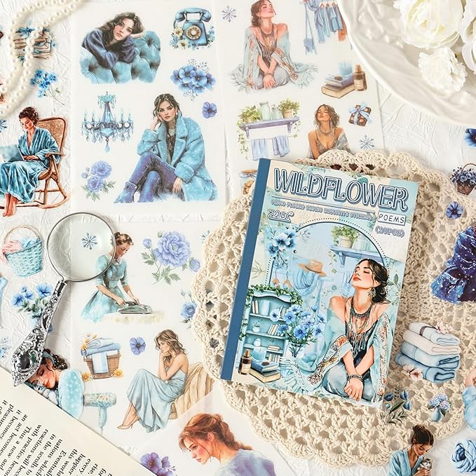 TIAMECH Fog Wildflower Poem Sticker Book - Blue Girl Series, 20 Sheets PET & Washi Stickers for Scrapbooking, Ephemera, Waterproof Junk Journaling Supplies & DIY Crafts