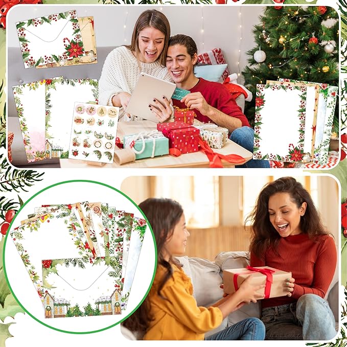 160pcs Christmas Stationery Paper and Envelope Set, 50 Sheets Christmas Holiday Letterhead Paper 50 Matching Envelopes 60 Stickers， Falling Holly Xmas Writing Paper for Winter & Holiday Events