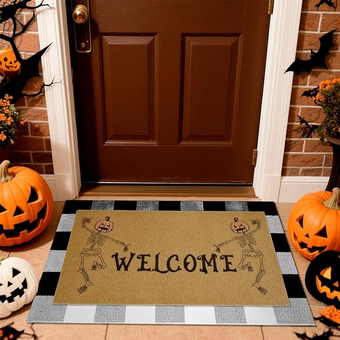 2 Pcs Halloween Welcome Door Mat 30 x 17 Inch Funny Skeleton Welcome Coir Doormats for Front Door Skull Pumpkin Door Mat Non Slip 2-in-1 Buffalo Plaid Rug for Outside Entrance Porch Home Patio Decor