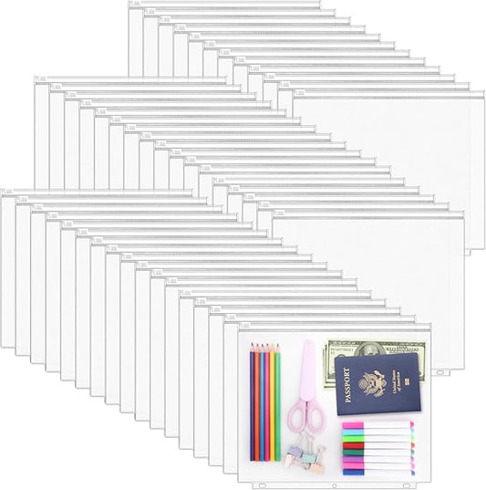 Antner 48 Pack Letter Size Binder Pockets for 3-Ring Binder Zipper Pouch Waterproof PVC Document Organizer 3-Hole Loose Leaf Folders File Sleeves Storage Bags Side Loading for Business Office Supplies