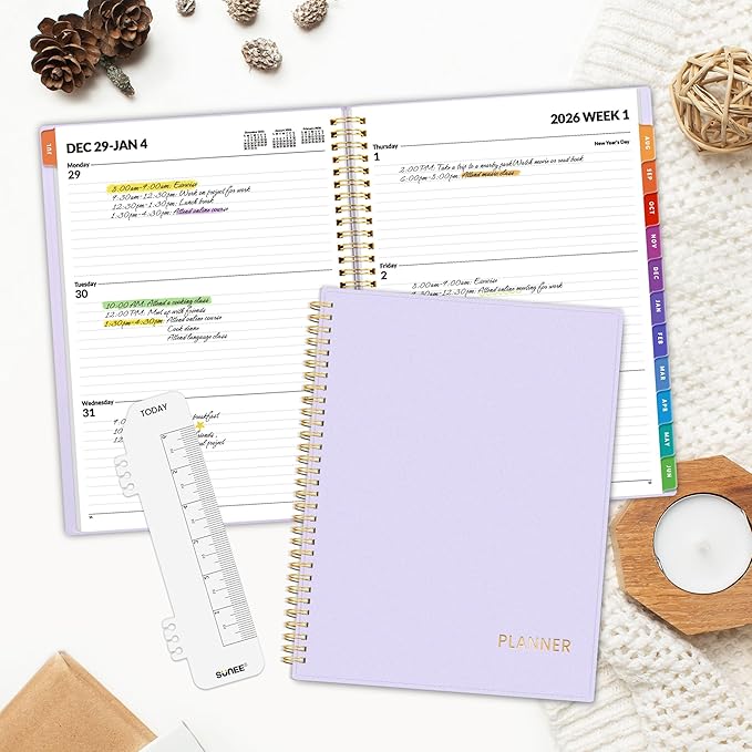 SUNEE 2026 Weekly and Monthly Planner - from January 2026 - December 2026, 8.5"x11" Daily Agenda Planner with Monthly Tab, Flexible Cover, Note Pages, Pockets, Bookmark, Spiral Binding, Purple