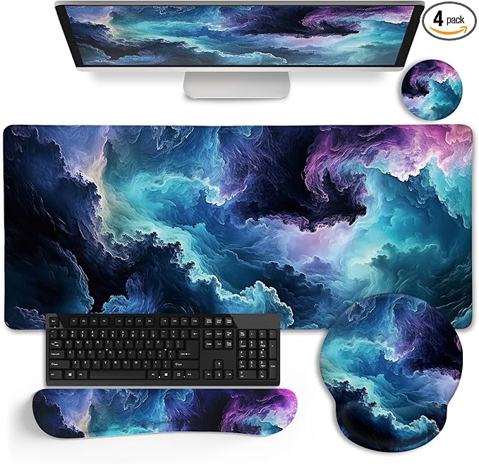 Galaxy Mouse Pad Set Large Desk Matt for Desktop, Ergonomic Mouse Pad with Wrist Rest, Gaming Mousepad Wrist Support Keyboard Mat Cup Coaster Set Cute Office Desk Decor Accessories