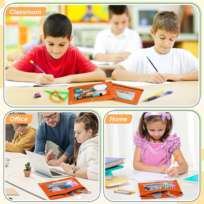 Shemira Pencil Pouch for 3 Ring Binder, Binder Pencil Pouch with Smooth Zipper, Clear Window Pencil Case for Binder, Zipper Pencil Pouches, Big Capacity 3 Ring Binder Pencil Bag, Orange