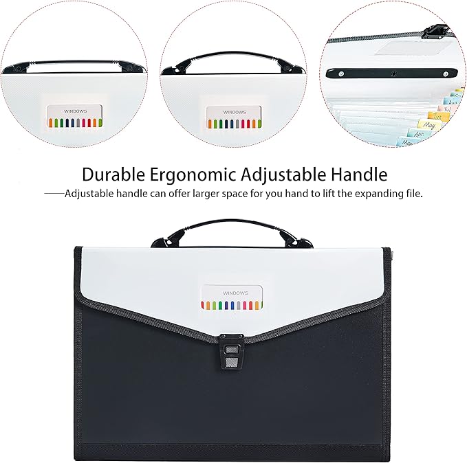 Legal Size 13-Pockets Expanding File Folder with Handle, Plastic Accordion Filling File Folder Expandable Monthly Portable Paper Document Organizer for Office School & Home (Black-1)