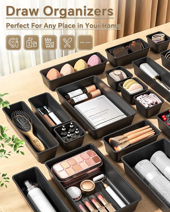 25 PCS Plastic Drawer Organizers Set, 4 Sizes Vanity Organizer, Makeup and Desk Drawer Organizer Trays, Organization and Storage for Makeup, Bathroom, Kitchen Utensils and Office (Black)