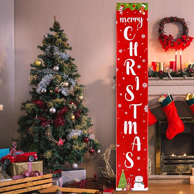 Christmas Wooden Porch Sign 47.2" Merry Christmas Snowflake Welcome Porch Signs for Front Door Xmas Vertical Standing Signs Wooden Hanging Sign Decor for Xmas Garden Home Front Door Yard Farmhouse Decor