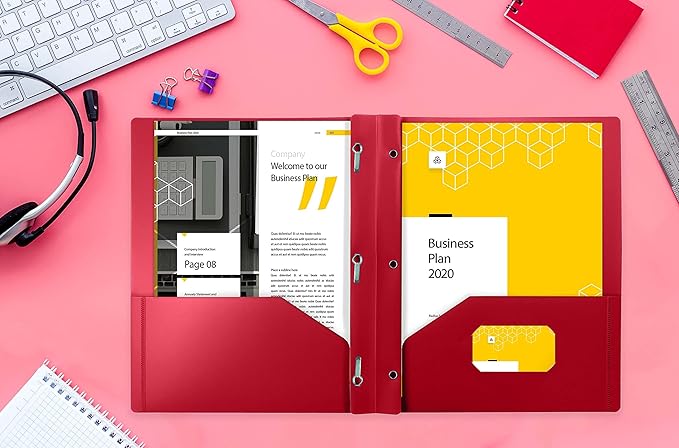 Better Office Products Red Plastic Folders with Pockets and Prongs, Letter Size, 24 Pack, Heavyweight Poly Prong Folders, Red Plastic with 3 Metal Fastener Clips