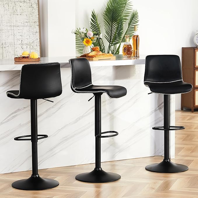 HeuGah Bar Stools Set of 3, Swivel Counter Height Barstools with Back, Adjustable Height 24" to 32", Black Faux Leather Bar Chairs for Kitchen Island (Black, Set of 3 (24'' to 32''))
