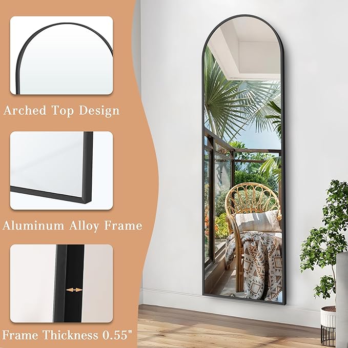 Arched Full Length Mirror, 58" x 18" Floor Mirror with Stand – Shatterproof Tempered Glass, Modern Aluminum Frame, Multi-Mount for Bedroom, Living Room, Gym, Black