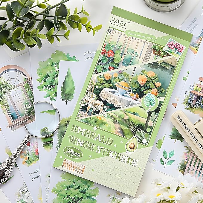 Snycler Green Tree Series Sticker Book - 20 Sheets Vintage PET Stickers for Scrapbooking, Junk Journaling, Ephemera, and Decorative Crafts - Pre-Cut Nature Design Stickers