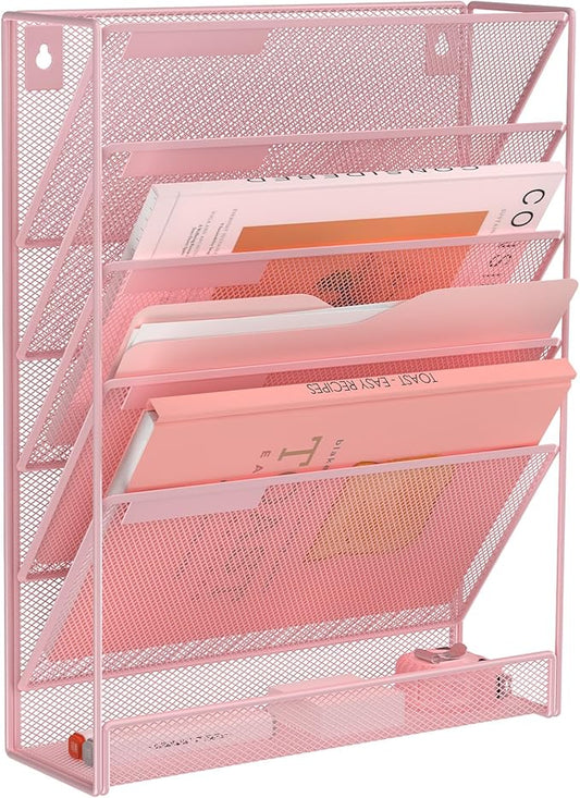 Kuntine.B Wall File Organizer Office Hanging Magazine Holder Wall File Organizer for Office Home (Pink, 6 Tier)