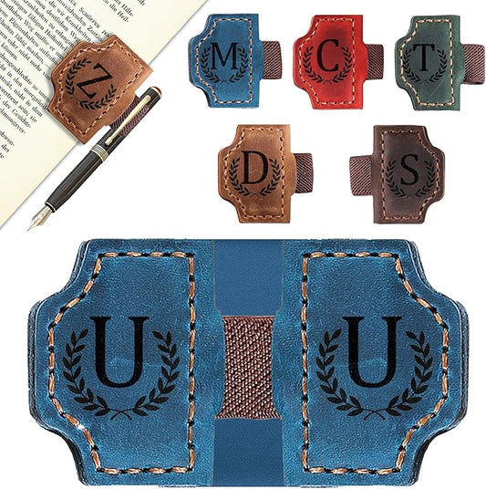 Bygone Mark Bookmark with Pen Holder, 26 Letters Name Initial Personalized Magnetic Bookmarks, Leather Book Mark for Men Women, Travelers Accessories, Teachers Readers Book Lovers Gifts (Blue, U)