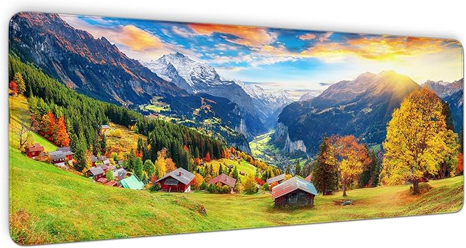 Wengen Village Desk Mat, Lauterbrunnen Valley Mouse Pad, Autumn Scenery Waterproof Mousepad, Alps Mountains Keyboard Pad, Computer Desk Pad for Work, Game, Office, Home, 31.5 X 11.8 Inch, 3mm Thick