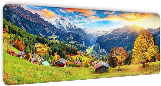 Wengen Village Desk Mat, Lauterbrunnen Valley Mouse Pad, Autumn Scenery Waterproof Mousepad, Alps Mountains Keyboard Pad, Computer Desk Pad for Work, Game, Office, Home, 31.5 X 11.8 Inch, 3mm Thick