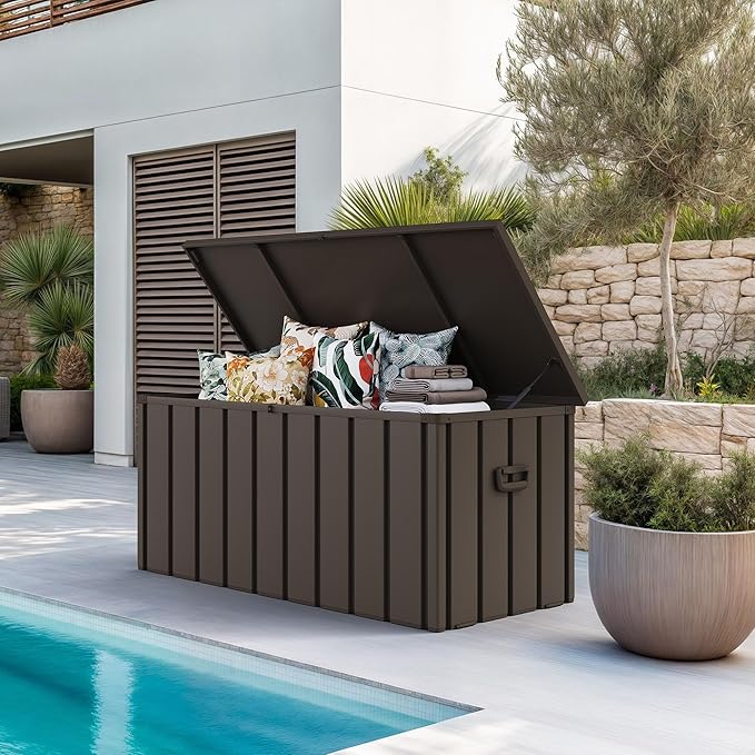 PURPLE LEAF Outdoor Deck Box 100 Gallon Waterproof Lockable Storage Box Container with Lid Deck Organization for Patio Cushions Side Table Pool Accessories Garden Tools, Brown