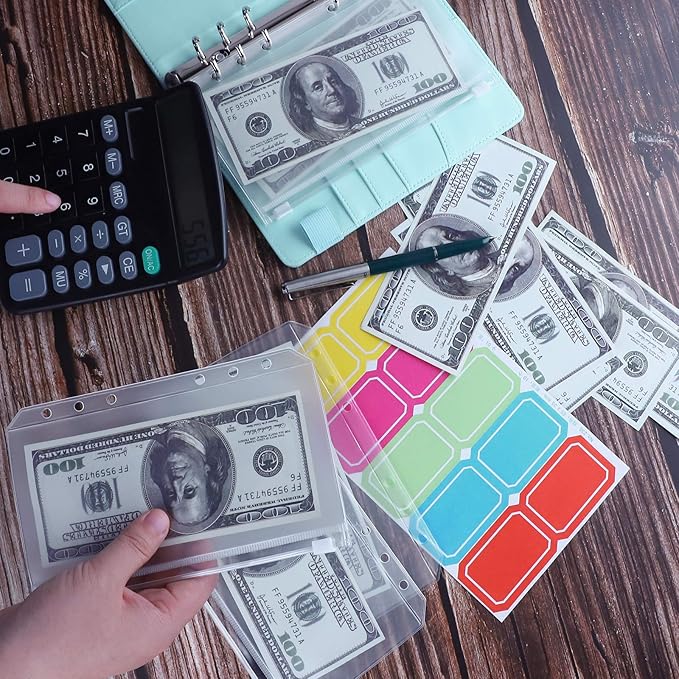 Antner A6 Budget Binder with Zipper Cash Envelopes for Money Organizer & Budgeting, PU Budget Planner Money Saving Binder with Cash Stuffing Envelopes & Labels for Home Office Travel, Mint Blue