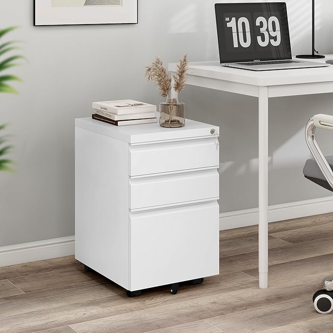 YITAHOME 3-Drawer Vertical File Cabinet, Mobile Metal Filing Cabinet with Lock for Legal/Letter Size, Pre-Built Office Storage File Cabinet Except Wheels Under Dese, White