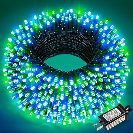100FT 300 LED Christmas Lights Outdoor, Christmas Tree Lights with 8 Modes Waterproof, Plug in Green Wire String Twinkle Light for Indoor Xmas House Patio Yard Decorations, Blue Green