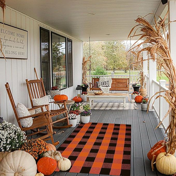 Buffalo Plaid Outdoor Rugs, 3'x5' Orange and Black Checkered Indoor/Outdoor Area Rug, Layering Rug for Hello/Welcome Door Mat, Washable Cotton Woven Farmhouse Mat for Fall Front Porch Décor