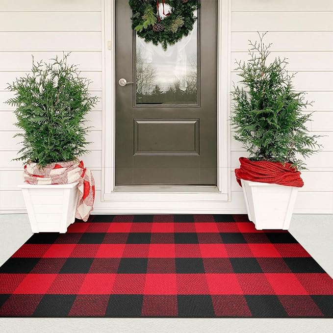 KIMODE Christmas Buffalo Plaid Outdoor Rug 3'x5',Red and Black Christmas Doormats Outside, Washable Front Door Mat, Reversible Outdoor Christmas Decor for Front Porch Entryway Kitchen Bedroom