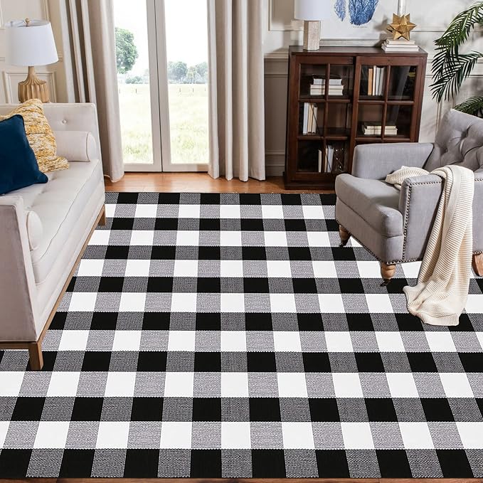 Buffalo Plaid Outdoor Rug, 4' x 6' Black and White Check Indoor/Outdoor Area Rugs, Layering Rug for Hello/Welcome Door Mat, Washable Cotton Woven Farmhouse Mat for Fall Front Porch Décor