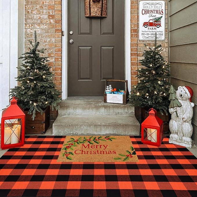 Fall Plaid Area Rug 4x6 Ft, Orange and Black Buffalo Check Large Farmhouse Cotton Rug, Hand-Woven Washable Indoor Outdoor Carpet for Halloween Thanksgiving Autumn Porch Patio Decor