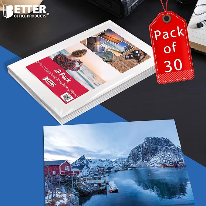Better Office Products Glossy Photo Paper, 8.5 x 11 Inch, 30 Sheets, 200 gsm, Letter Size, 30-Count Pack