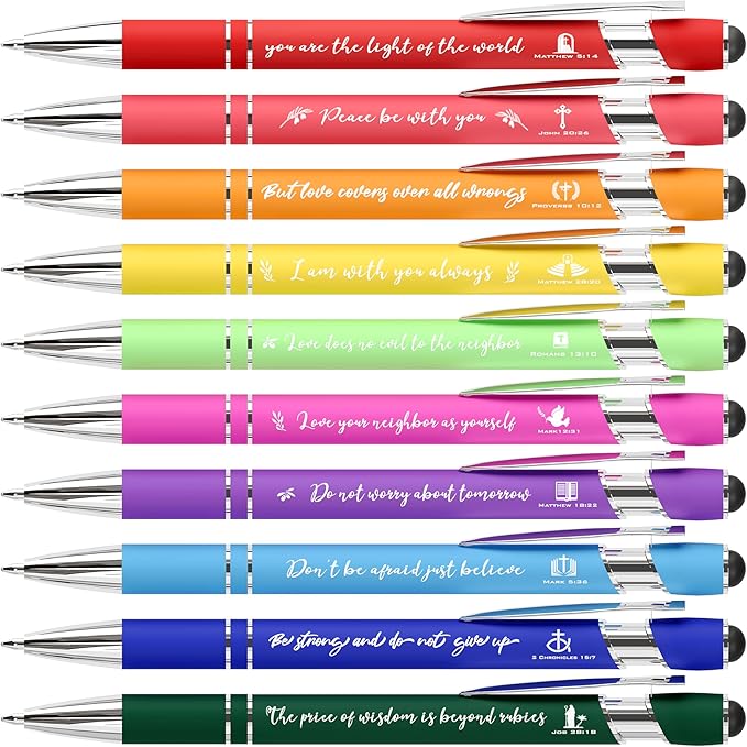 Christian Pens 2-in-1 Stylus Inspirational Bible Verse Pens Bulk Christian Gifts for Men Women Appreciation Gifts for Coworkers Smooth Writing Black Ink for School Office Church Supplies 10-Pack