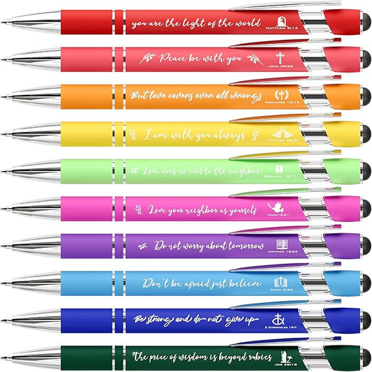 Christian Pens 2-in-1 Stylus Inspirational Bible Verse Pens Bulk Christian Gifts for Men Women Appreciation Gifts for Coworkers Smooth Writing Black Ink for School Office Church Supplies 10-Pack