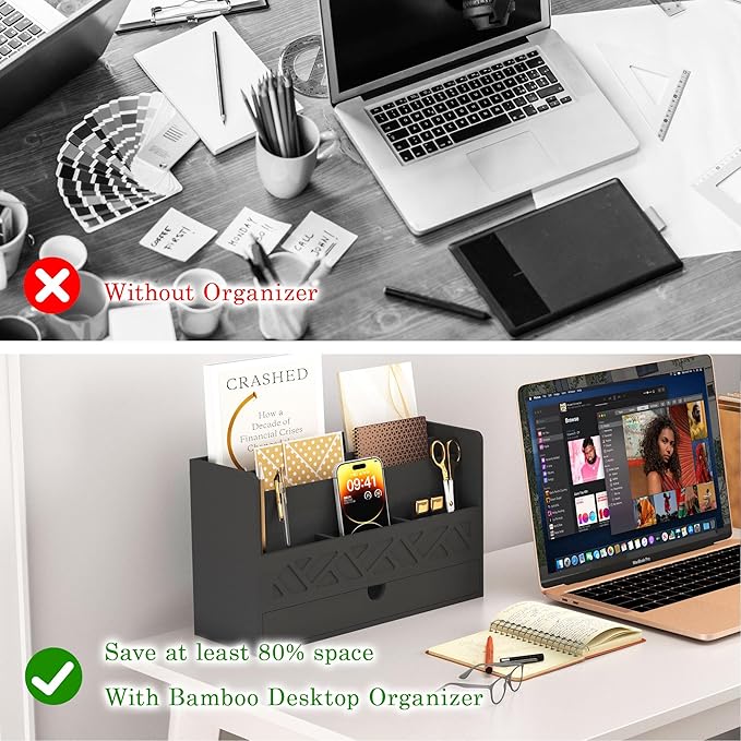 Bamboo Mail Organizer Countertop Desktop with Drawer - Desk Organizer with File Organizer for Office Supplies All-in-One Desk File Organization with Pencil Holder for Paper Letter Envelope Bill