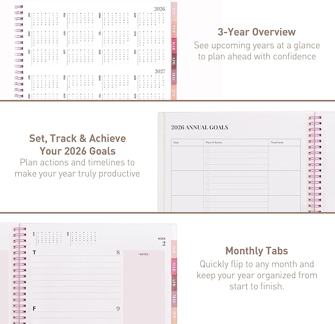 Rileys 2026 Planner, Agenda Planner With Weekly And Monthly View, Daily Agenda Book And Yearly Planners Calendar Book, Spiral Bound With Tabs, Notes, Goals And Holidays (Pink, 8.5 x 11 in)
