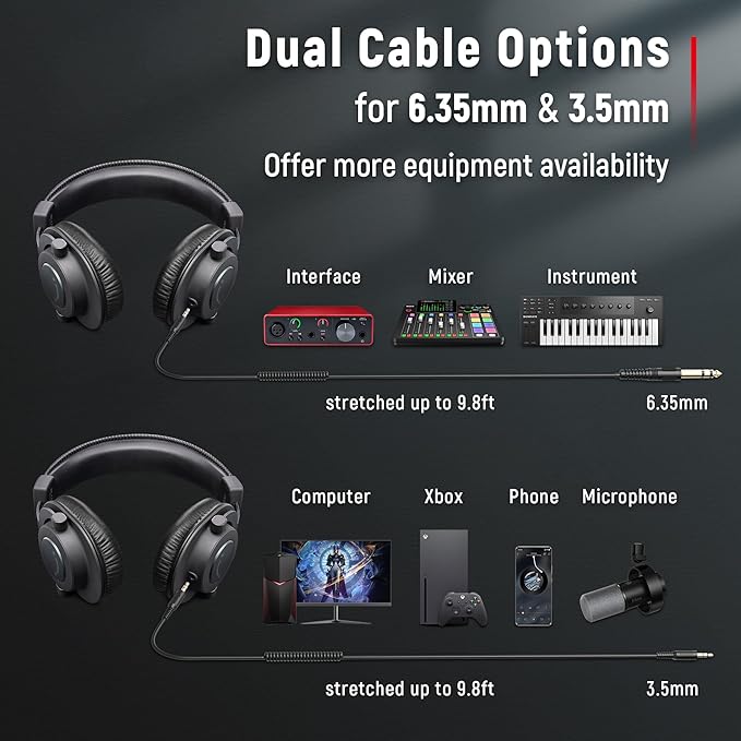 FIFINE Studio Monitor Headphones for Recording, Wired Headphones with 50mm Driver, Over Ear Headset with Detachable Cables 3.5mm or 6.35mm Jack, Black, on PC/Mixer/Amplifier-H8