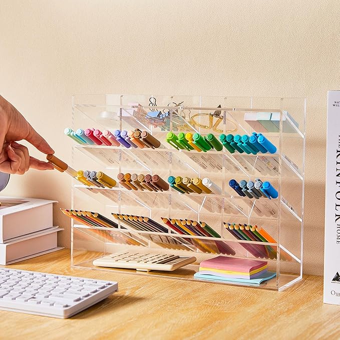 Acrylic Pen Organizer Storage for 200 Markers Vertical Marker Organizer Acrylic Pen Display Holder for Office Desk Desktop Stationery Pencil Storage, Clear, 13 x 4 x 10.2 Inch
