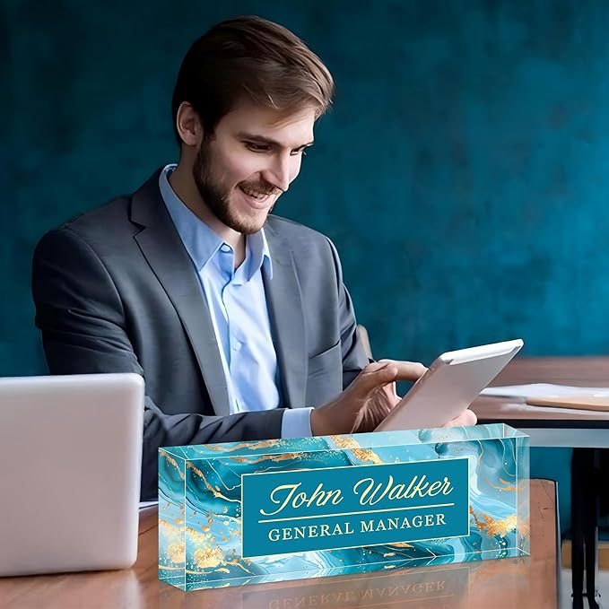 Ship Next Day Personalized Name Plate for Desk, Custom Acrylic Desk Name Sign, Office Appreciation Gifts for Women Men Coworkers Boss Teacher Employee (Blue Marble)