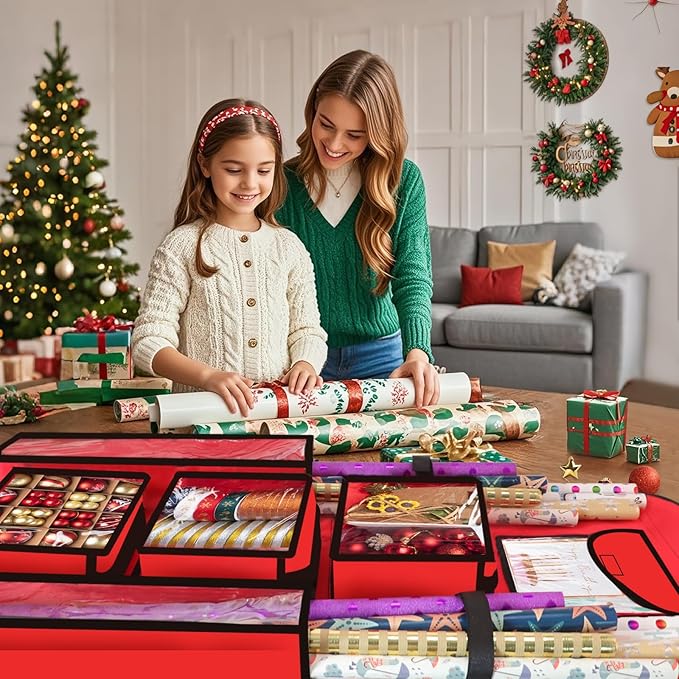 Hanging Gift Wrapping Paper Storage, 48x24 (Extra Large) Red Double-Sided Christmas Wrapper Bag Container, Oxford Long Craft Roll Organizer, Present Wrap Holder for Closet, Door