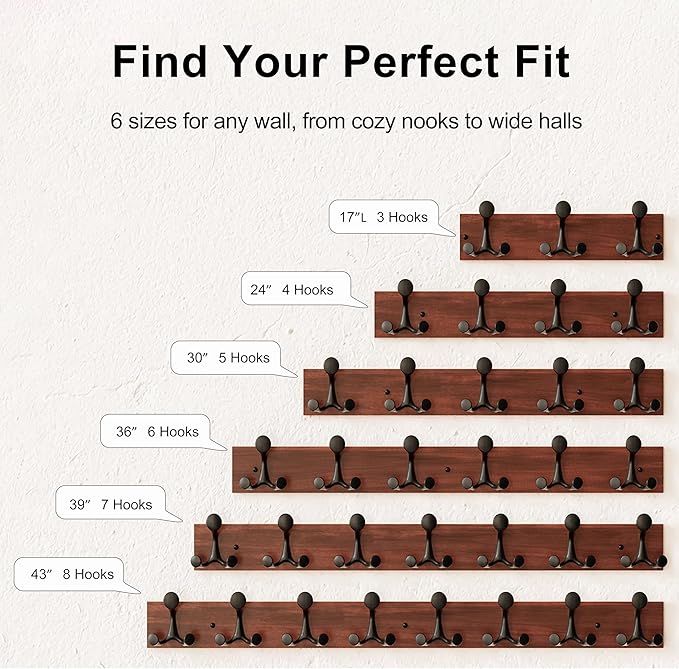 SKOLOO 30-Inch Cherry Wood Coat Rack Wall Mount with 5 Triple Hooks - Ideal for Family Entrances, Classrooms, and Pet Supplies Storage - Perfect Coat Hooks for Wall